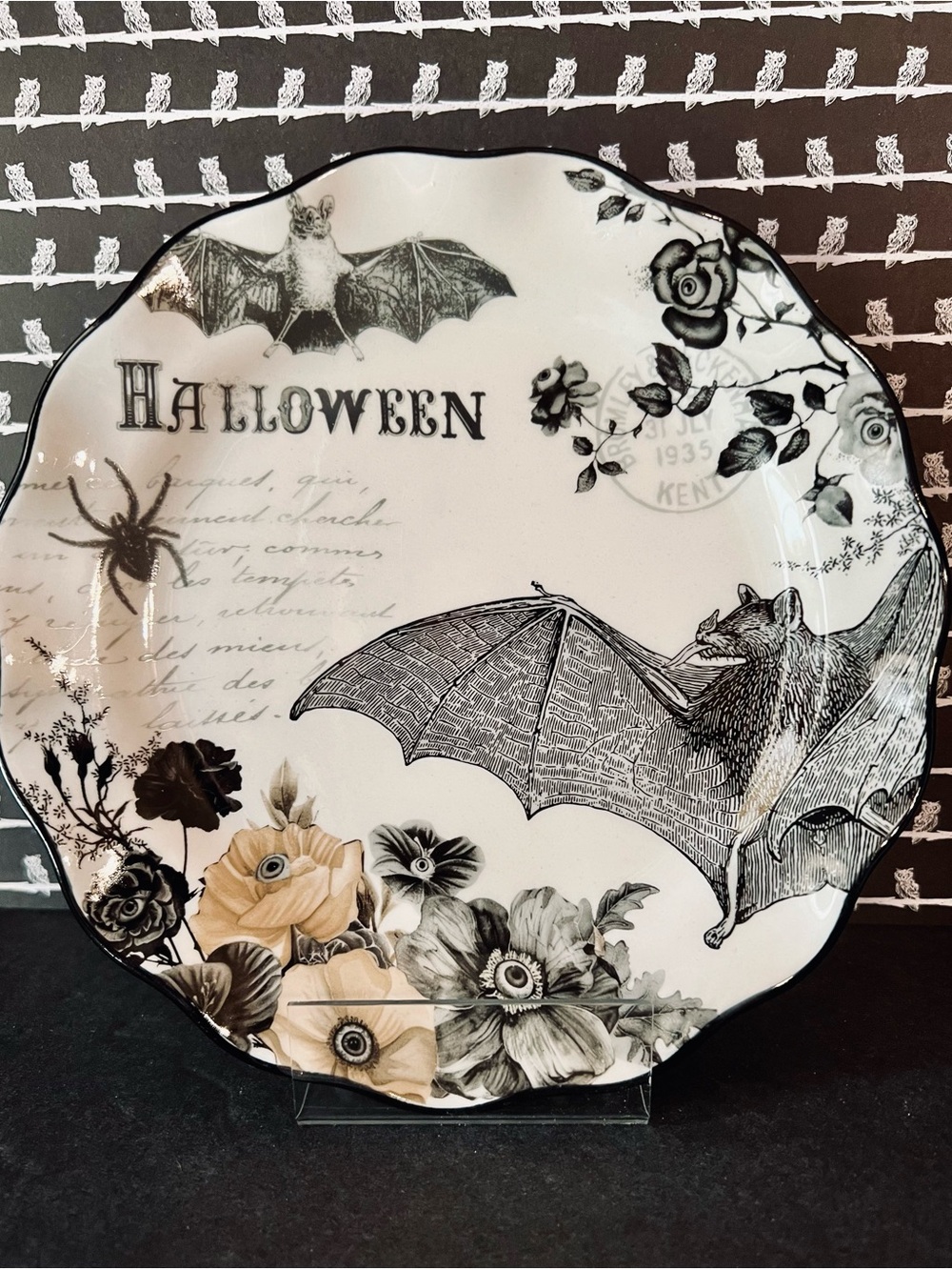 Halloween Gothic Elegance Salad Plate Vampire Bats Spider Creepy Flowers Eyeball
